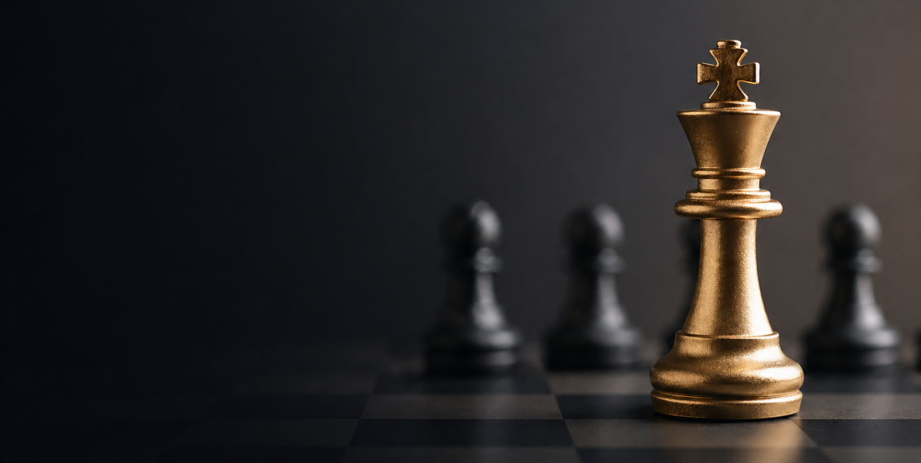 Peça de xadrez rei dourado em destaque sobre tabuleiro escuro, com outras peças desfocadas ao fundo, simbolizando autoridade e posicionamento no mercado.