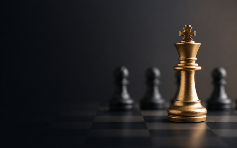 Peça de xadrez rei dourado em destaque sobre tabuleiro escuro, com outras peças desfocadas ao fundo, simbolizando autoridade e posicionamento no mercado.