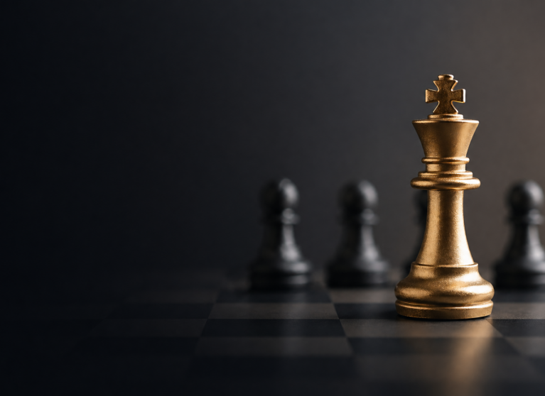 Peça de xadrez rei dourado em destaque sobre tabuleiro escuro, com outras peças desfocadas ao fundo, simbolizando autoridade e posicionamento no mercado.