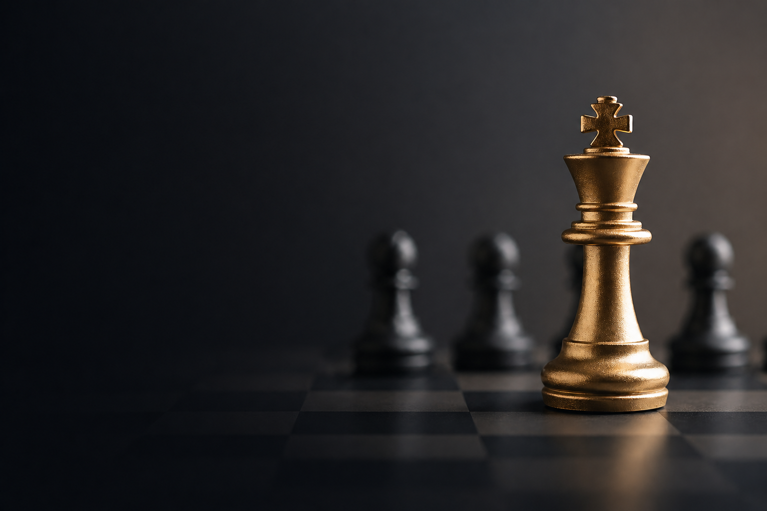 Peça de xadrez rei dourado em destaque sobre tabuleiro escuro, com outras peças desfocadas ao fundo, simbolizando autoridade e posicionamento no mercado.